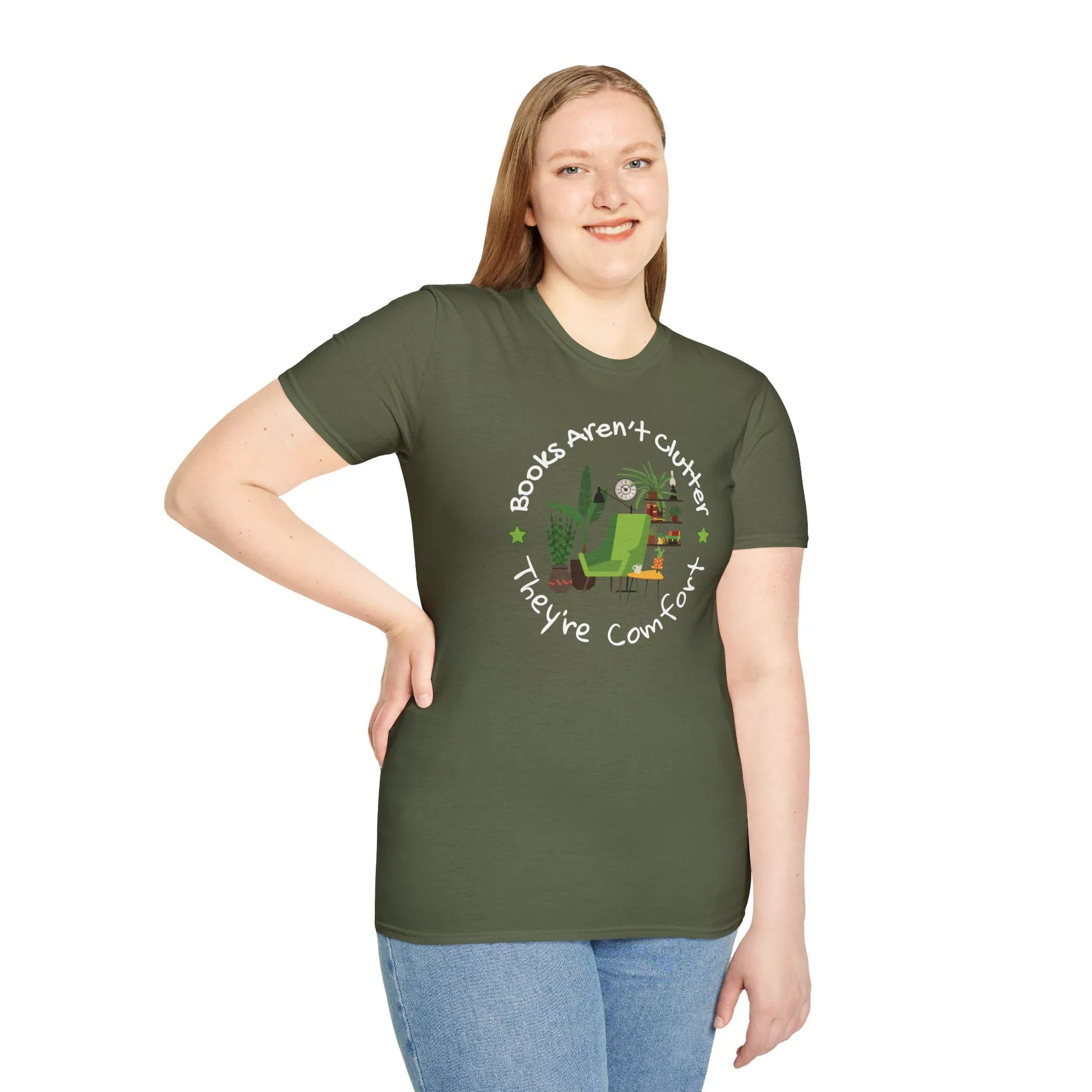 Bookish Comfort Zone T-Shirt featuring cozy design for readers, unisex fit, made of organic cotton, perfect gift for book lovers 📖.