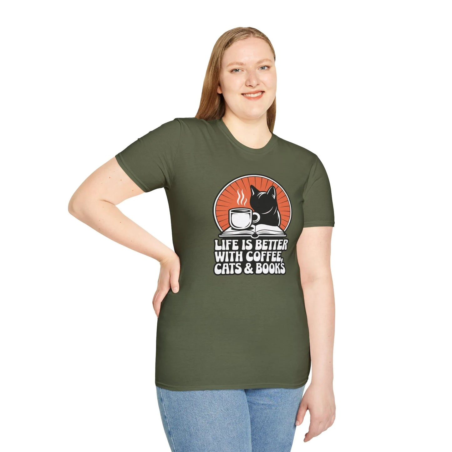 Comfortable t-shirt featuring a playful cat, coffee cup, and text: 'Life is better with coffee, cats & books' - a perfect gift for book lovers.