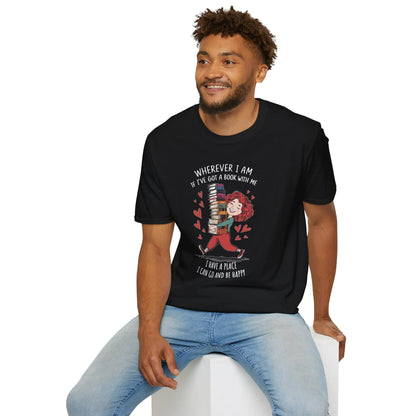 Bookish Escape T-Shirt featuring a cheerful character with books, relaxed fit unisex tee, ideal gift for readers 📖.