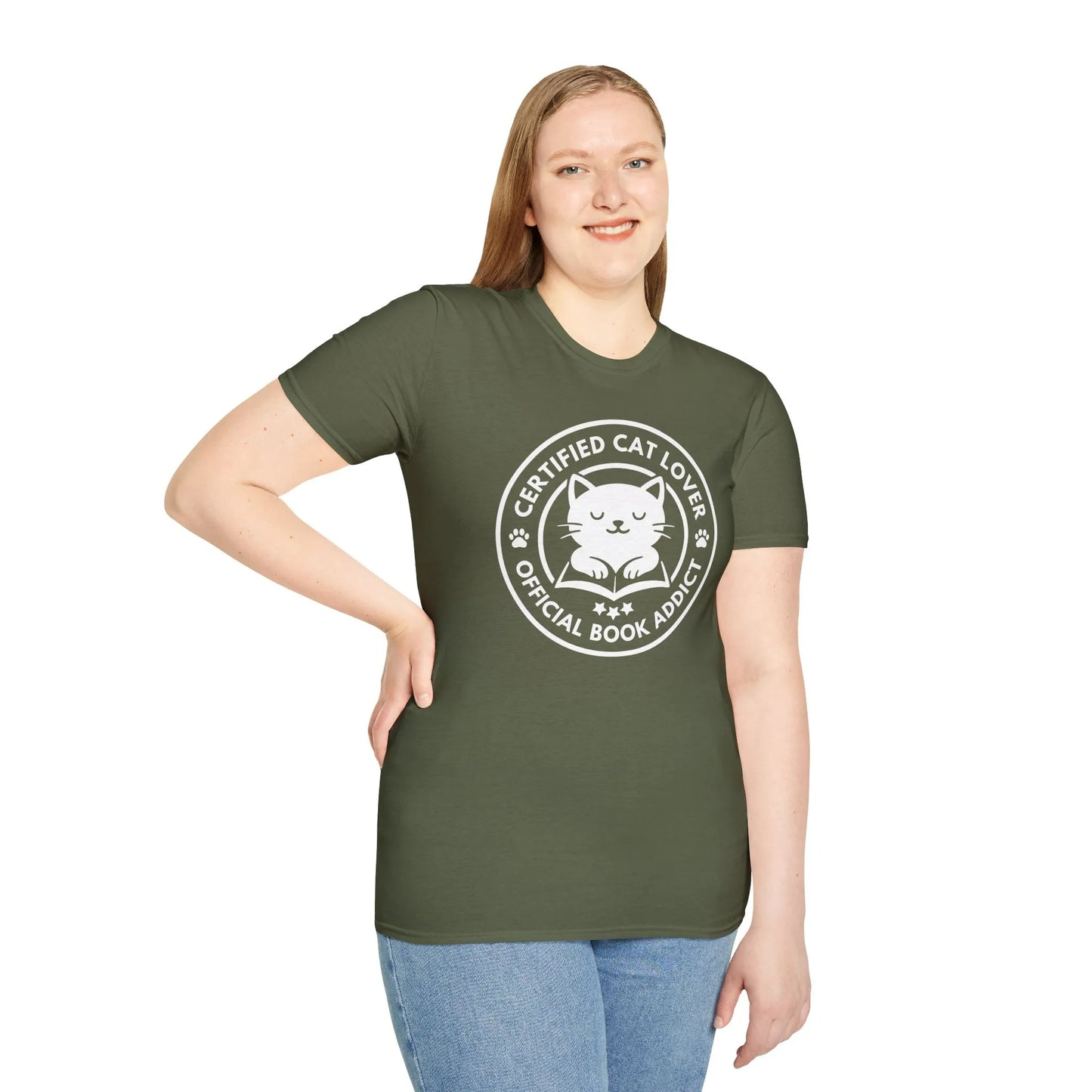 Funny reading tee featuring a cat with text "Certified Cat Lover Official Book Addict"; cozy style for book lovers.