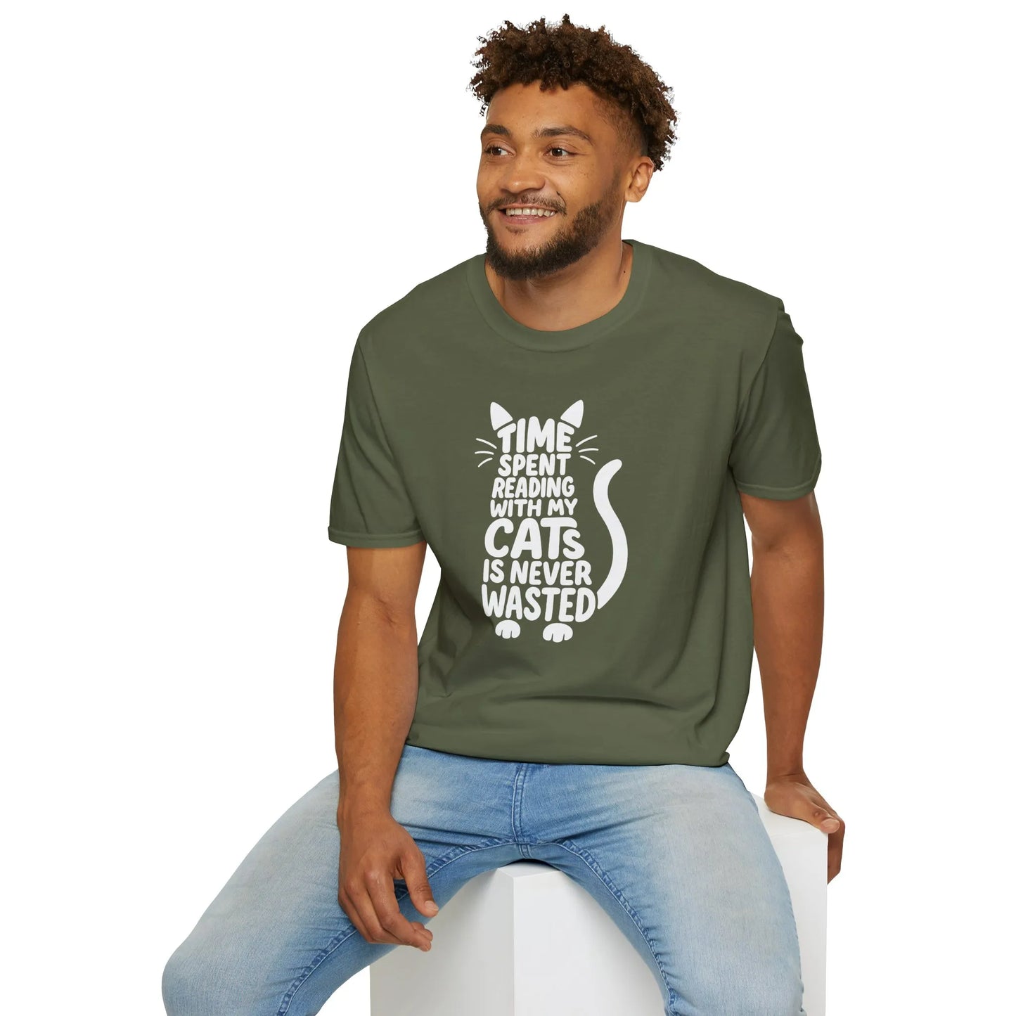 Funny reading tee with cat illustration and text: 'Time spent reading with my cats is never wasted' for book lovers.