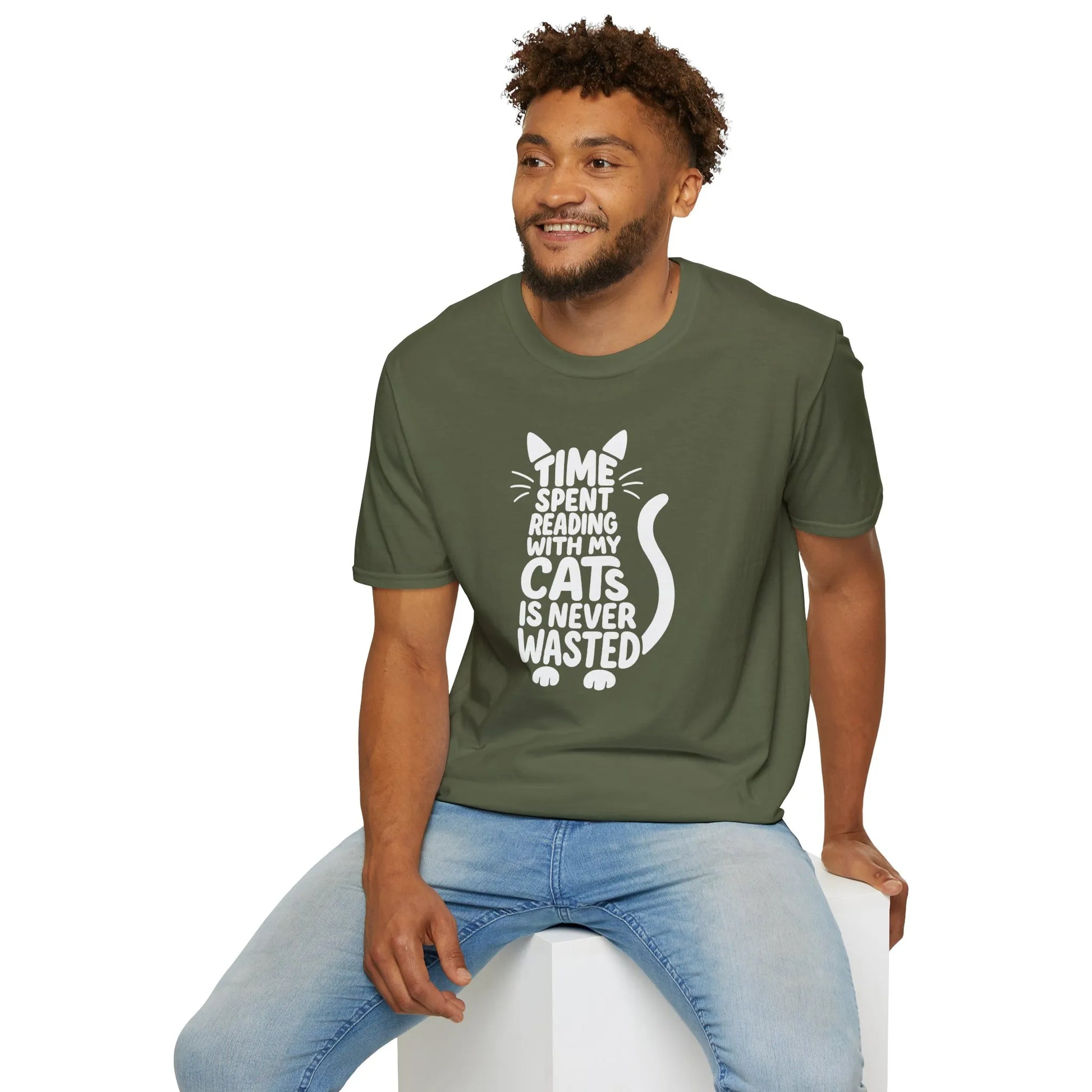 Funny reading tee with cat illustration and text: 'Time spent reading with my cats is never wasted' for book lovers.