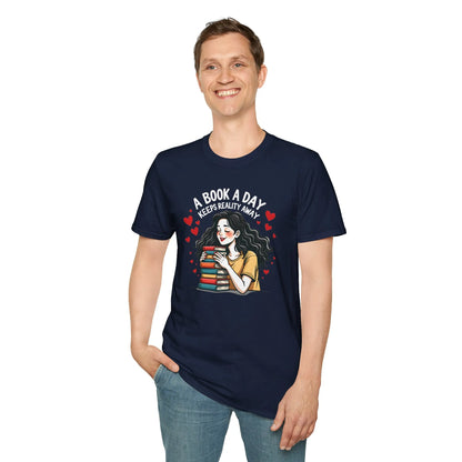 Bookish Romance T-Shirt featuring a relaxed fit design with a woman hugging books, perfect gift for readers 📖.