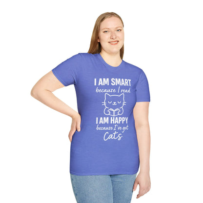 Cheerful woman in a blue t-shirt saying 'I AM SMART because I read' with a cute cat illustration, perfect for book lovers.