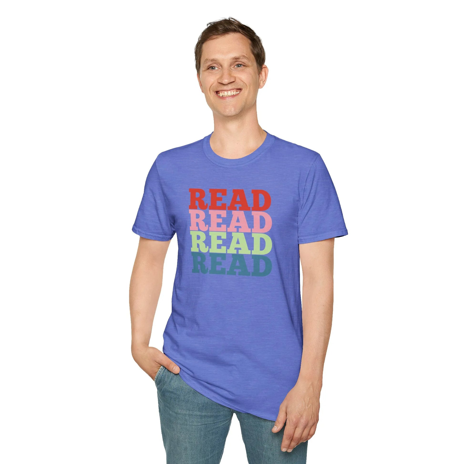 Read It Again T-Shirt featuring vibrant 'READ' typography, relaxed fit unisex shirt for book lovers 📖, made from organic cotton.