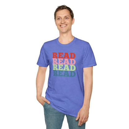 Read It Again T-Shirt featuring vibrant 'READ' typography, relaxed fit unisex shirt for book lovers 📖, made from organic cotton.