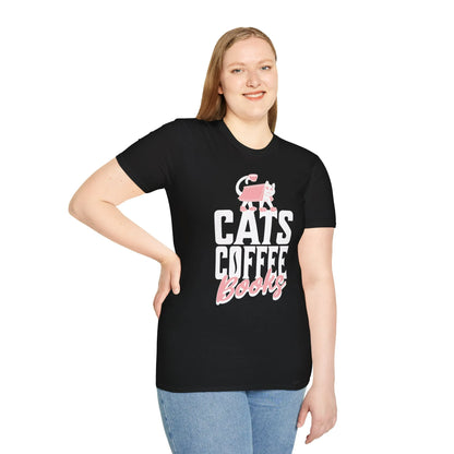 Woman wearing a black Cats. Coffee. Books. T-Shirt featuring a playful cat and bold text, perfect for book lovers and gifts.