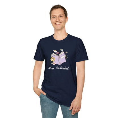 Sorry, I’m Booked T-Shirt in navy for book lovers, featuring a cute open book design and relaxed fit, perfect gift for readers 📖.