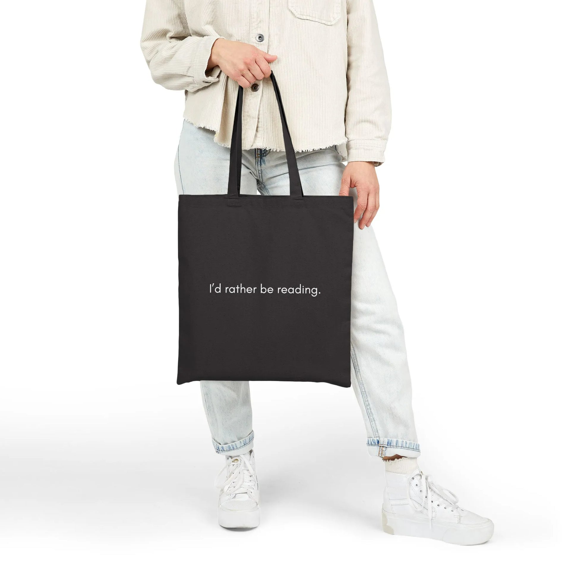 Rather Be Reading Tote Bag featuring minimalist text design, perfect for book lovers who prefer reading over errands.