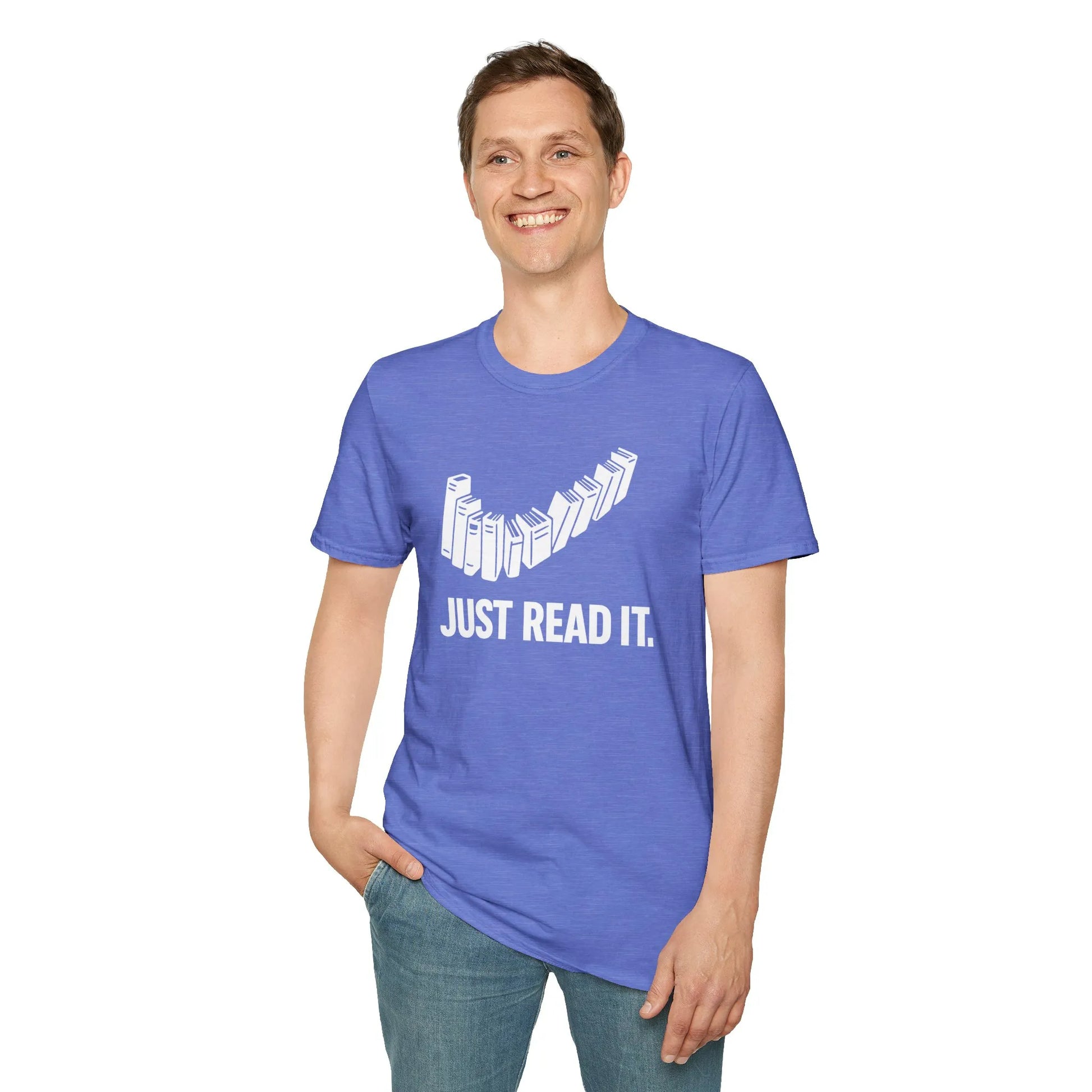 Man wearing a cozy reading t-shirt with tumbling books design, embodying a relaxed reading lifestyle perfect for book lovers.