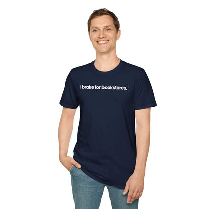 I Brake for Bookstores T-Shirt in navy, relaxed fit unisex organic cotton, perfect for book lovers and introverts 📖.