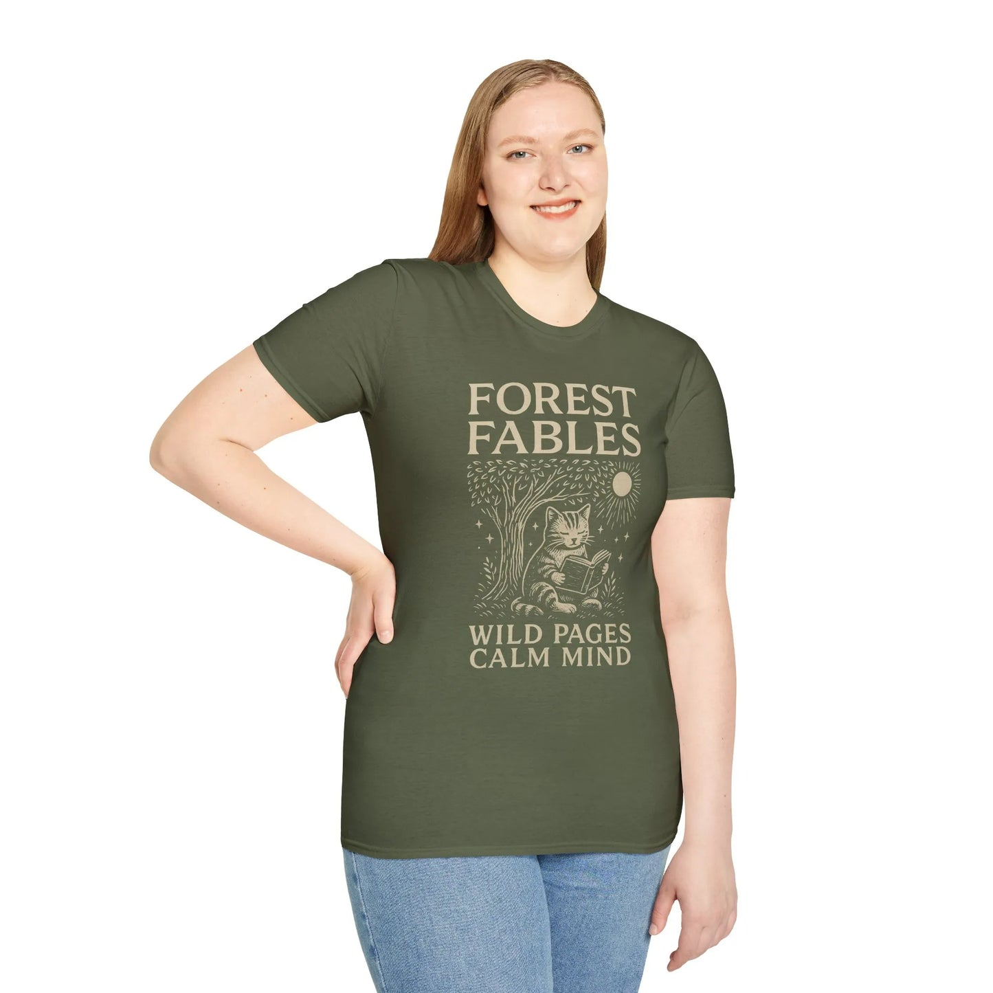 Cozy Forest Fables T-Shirt with a whimsical cat reading, perfect for book lovers and gifts for readers.