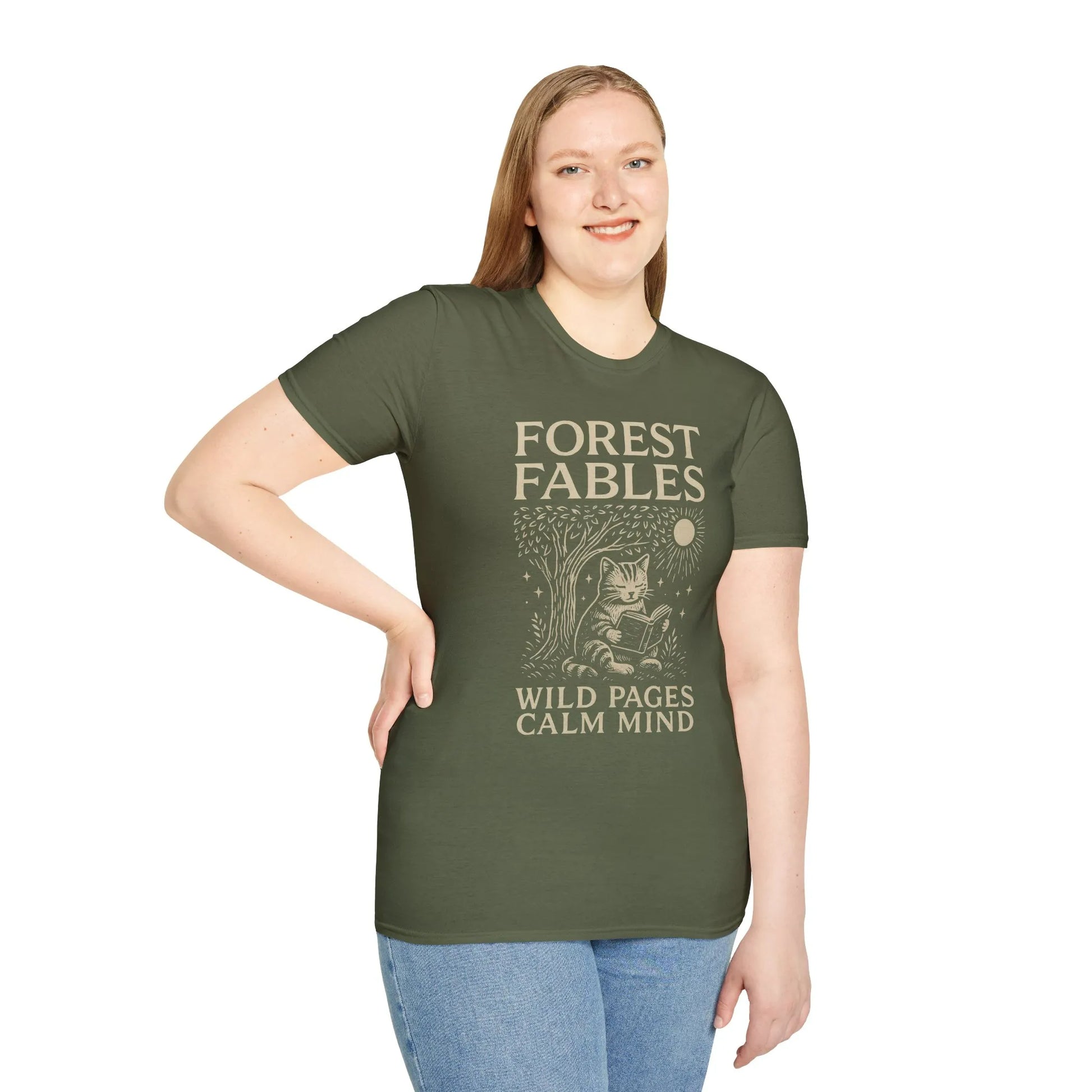 Cozy Forest Fables T-Shirt with a whimsical cat reading, perfect for book lovers and gifts for readers.