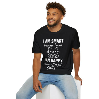 Cozy black tee with text: 'I AM SMART because I read, I AM HAPPY because I've got Cats' and a cute cat illustration.