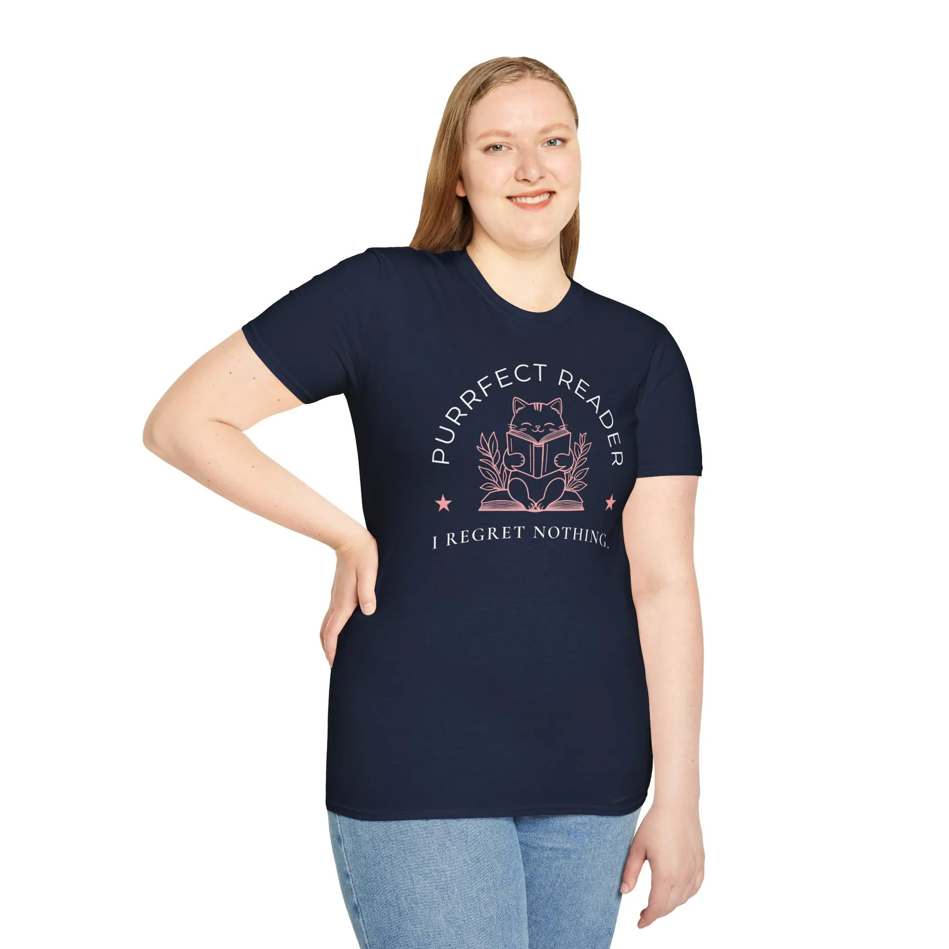 Woman wearing Purrfect Reader 2 T-Shirt, featuring a kitty in a book and "I Regret Nothing" text—perfect for cat lovers.