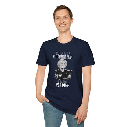 Retirement Plan T-Shirt featuring a stylish older woman, relaxed fit unisex shirt, perfect cozy gift for book lovers 📖.