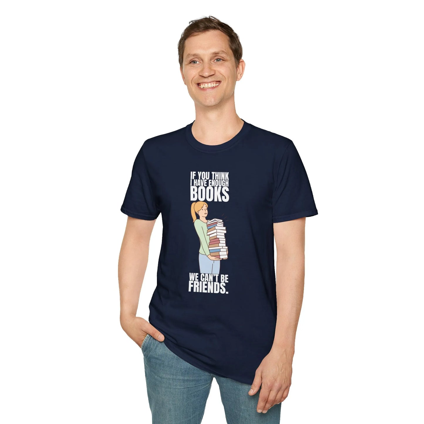 Book Friends Only T-Shirt featuring a reader with books, cozy relaxed fit unisex tee for book lovers and introverts 📖.