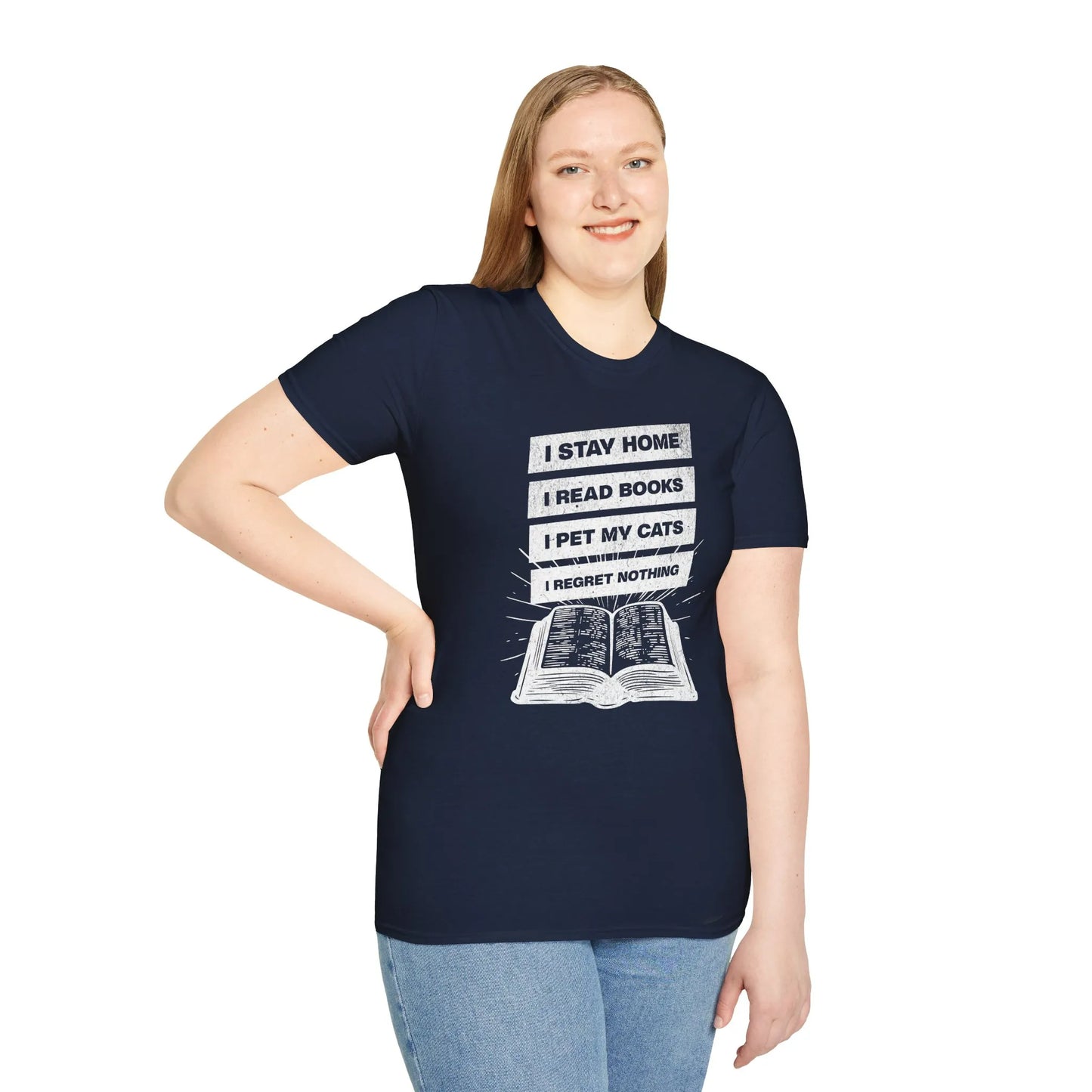 Stay Home Reader T-Shirt featuring text: 'I STAY HOME, I READ BOOKS, I PET MY CATS, I REGRET NOTHING' above an open book, perfect for book lovers.