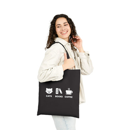 Holy Trinity Tote Bag featuring icons: cats, books, and coffee, perfect for readers who love cozy vibes.