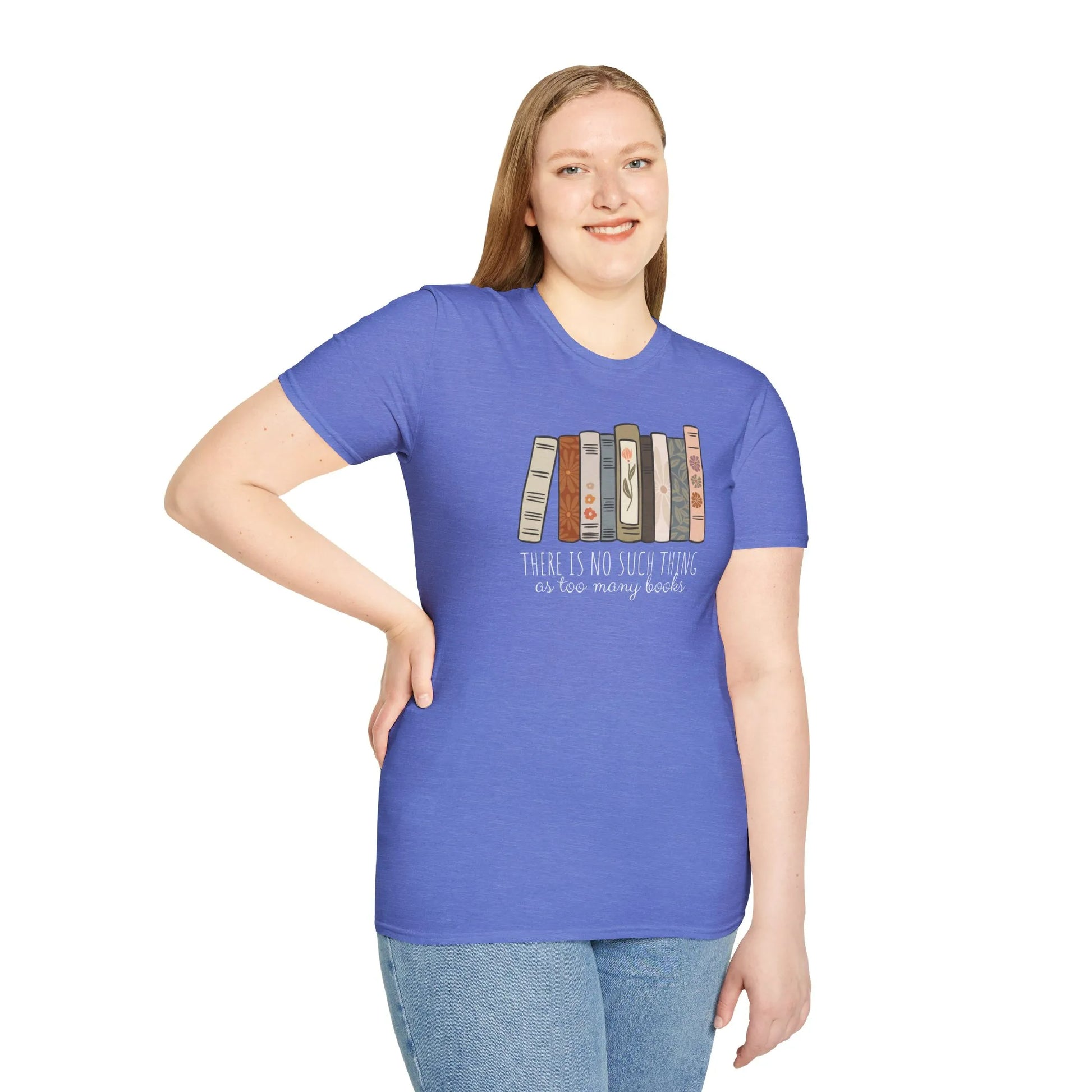 Too Many Books T-Shirt in royal blue shows a colorful stack of illustrated book spines, perfect for book lovers and introverts.