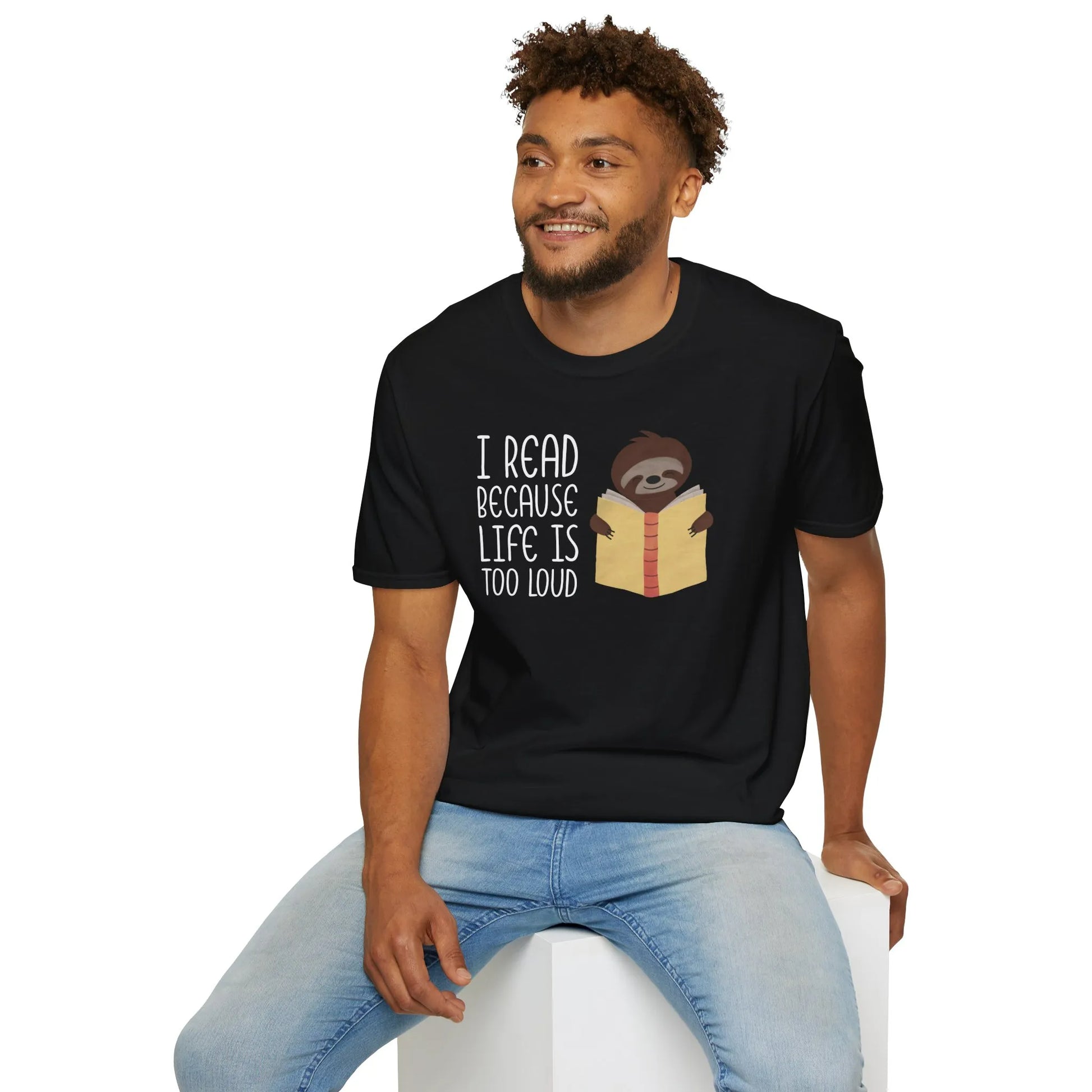 Quiet Escape T-Shirt featuring a sloth reading, relaxed unisex fit, cozy vibes, perfect gift for readers 📖