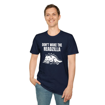 A playful navy t-shirt featuring a sleepy dragon illustration and text 'Don't Wake the Readzilla', perfect for book lovers.
