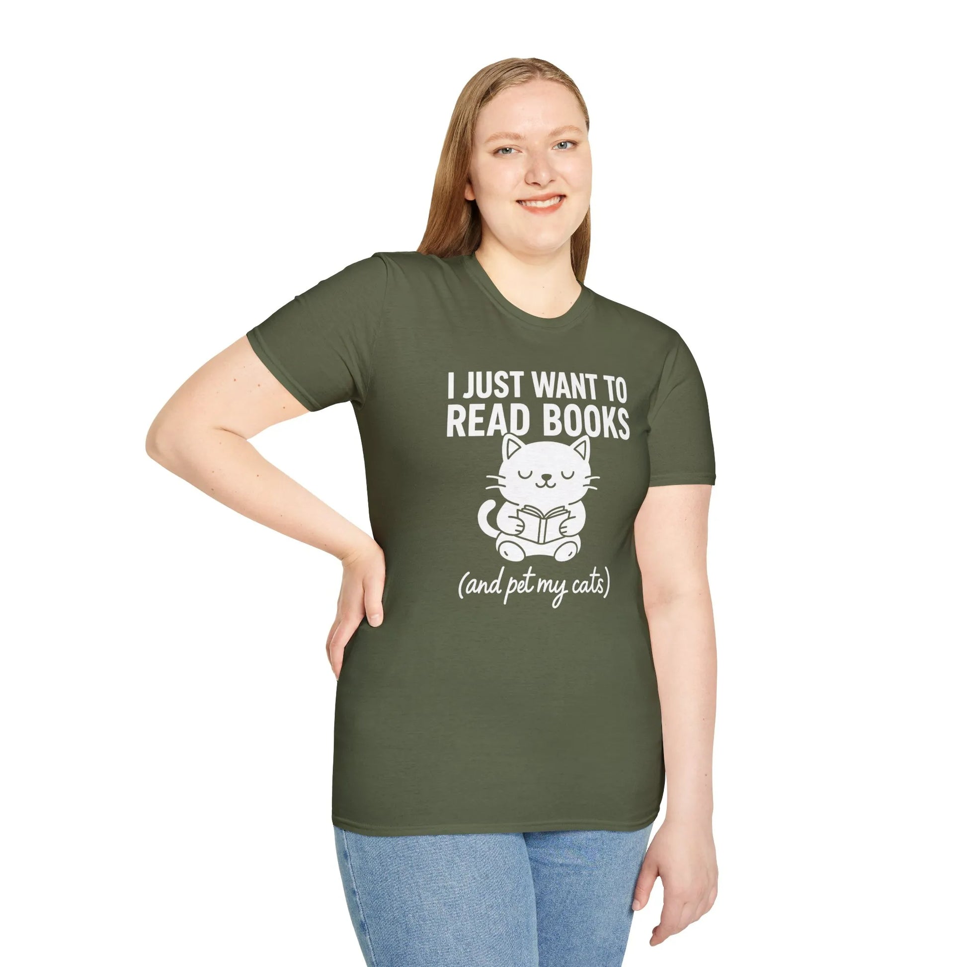 Cozy green t-shirt featuring a cute cat reading, with the text 'I Just Want to Read Books (and pet my cats)', perfect for book lovers.