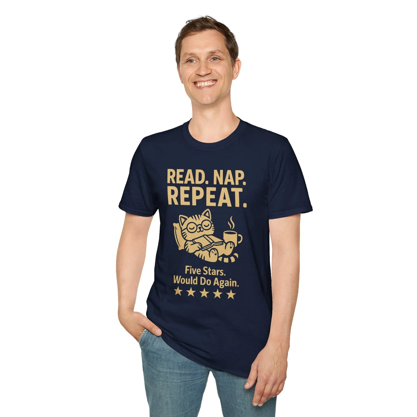 Funny reading tee with a content cat, coffee, and text: "Read. Nap. Repeat. Five Stars. Would Do Again." Perfect gift for book lovers.