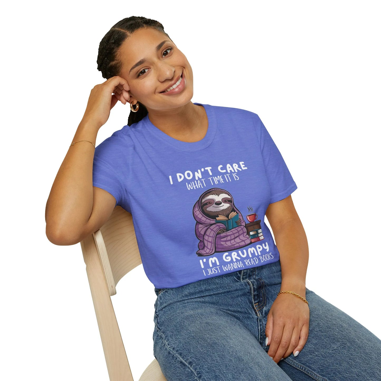 Grumpy Sloth, Book Lover T-Shirt with cozy sloth design on relaxed fit unisex organic cotton tee for introverts 📖