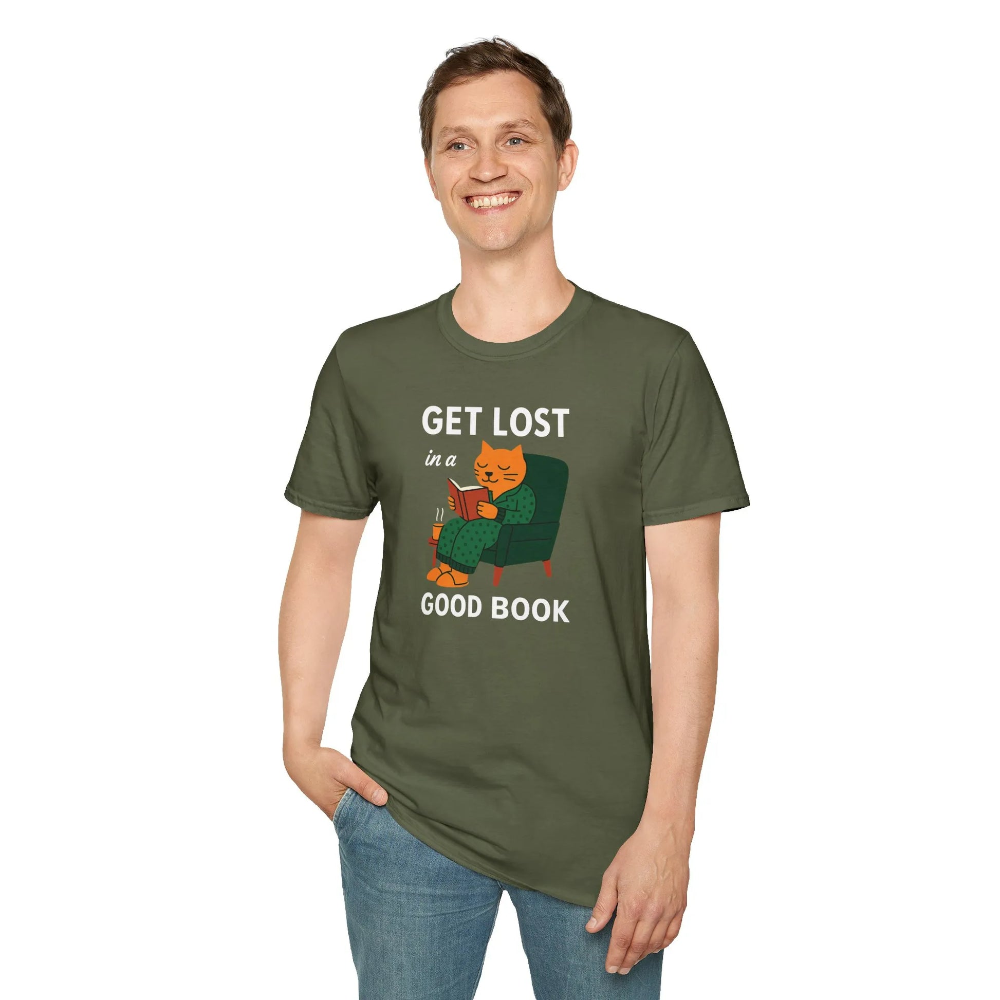 Funny book lover shirt featuring a cozy cat reading, saying 'Get Lost in a Good Book'—perfect for cat and tea lovers!
