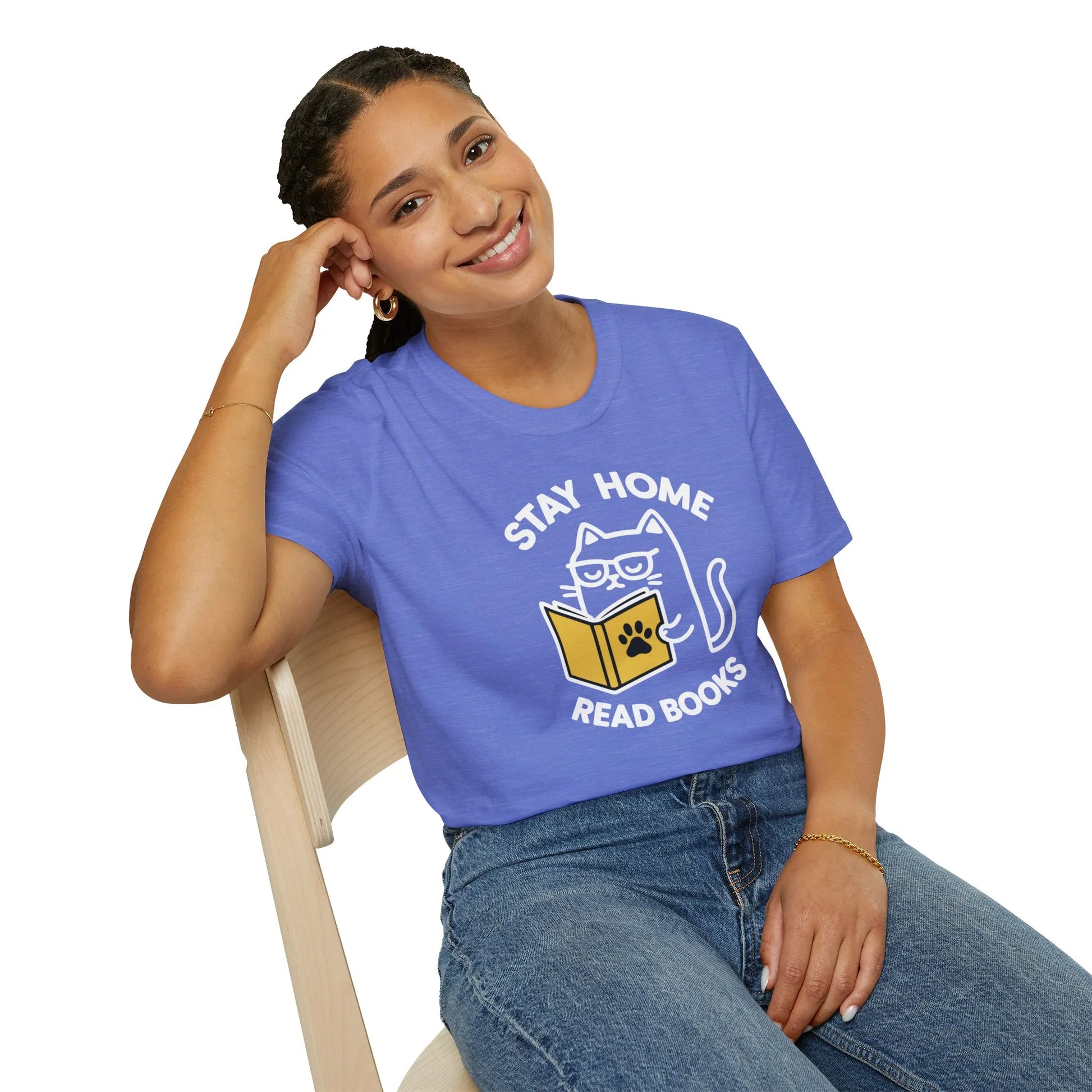 Cozy blue book lover shirt with a cat reading, saying 'Stay Home Read Books'—a funny gift for bookworms and cat lovers.