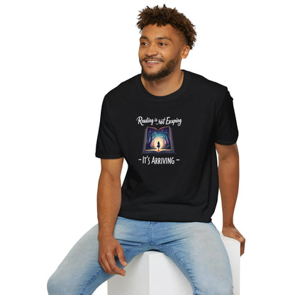 Reading is Arrival T-Shirt: relaxed fit unisex tee for book lovers, featuring cozy design and reader aesthetic vibes. 📖✨