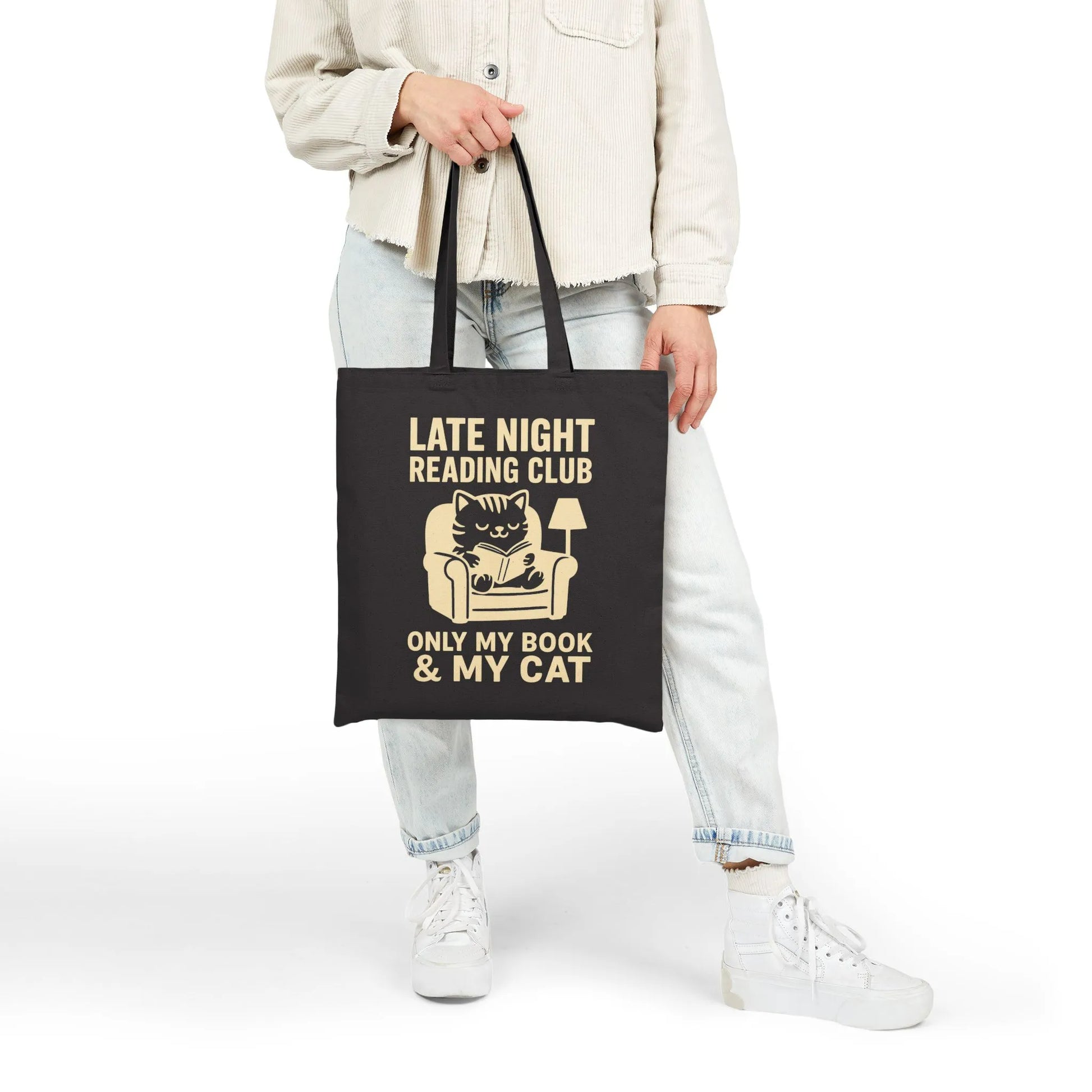 Charming Late Night Reading Club Tote Bag featuring a cat on a couch with text, perfect for cozy reading with your book & cat.