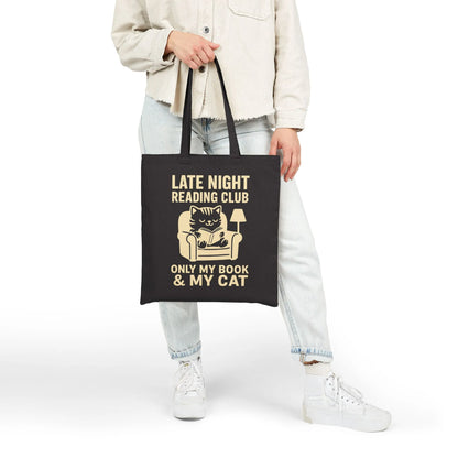 Charming Late Night Reading Club Tote Bag featuring a cat on a couch with text, perfect for cozy reading with your book & cat.