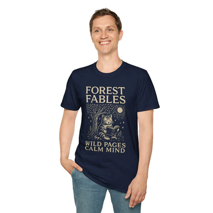 Man wearing a Forest Fables T-Shirt showcasing a whimsical cat reading under a tree, perfect for book lovers and gifts.