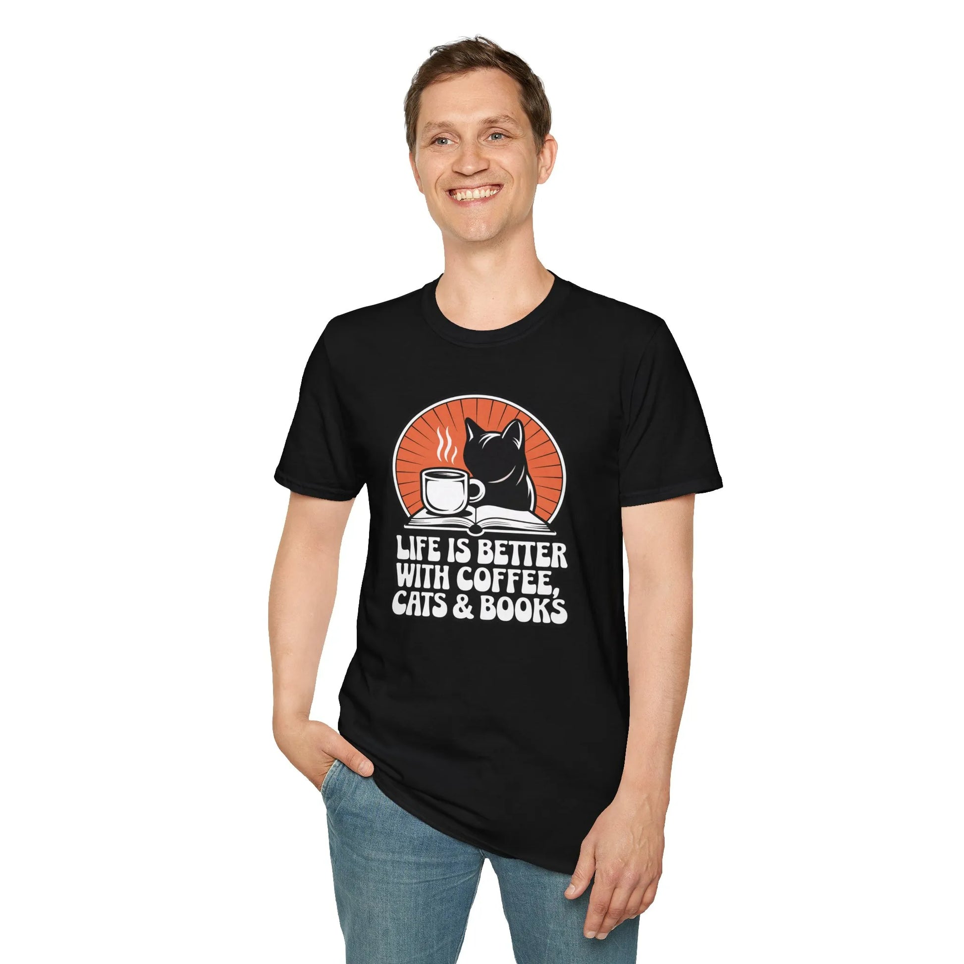 Coffee, Cats & Chapters T-Shirt featuring a cozy design, relaxed fit, perfect for readers and introverts. ☕️📖