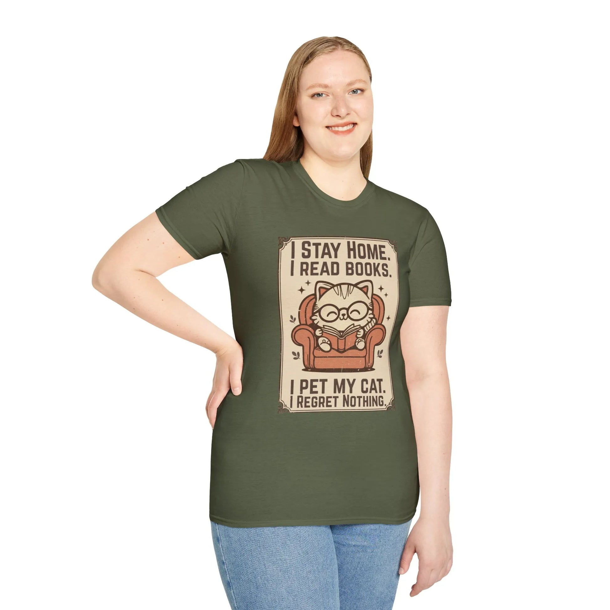 Poster Cat Reader T-Shirt featuring a cat in glasses reading on an armchair, humorous text on a cozy book lover shirt.