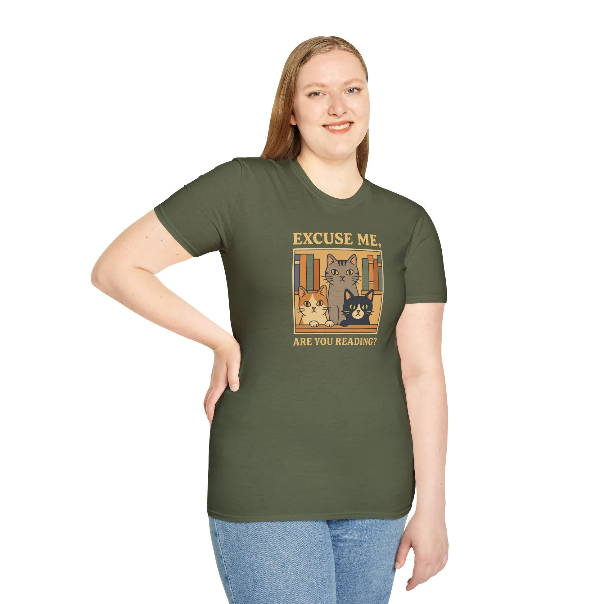 Funny cat reading shirt with 'Excuse Me, Are You Reading?' text; perfect gift for book lovers and cat fans.