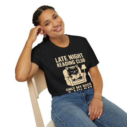 Cozy cat in armchair illustration on Late Night Reading Club tee, perfect gift for book lovers and feline fans.