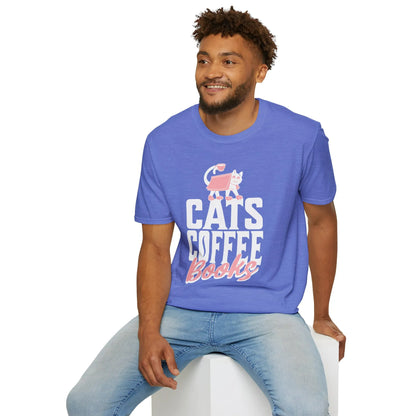 A man wearing a Cats. Coffee. Books. T-Shirt with a playful cat graphic and bold letters, perfect for book lovers.