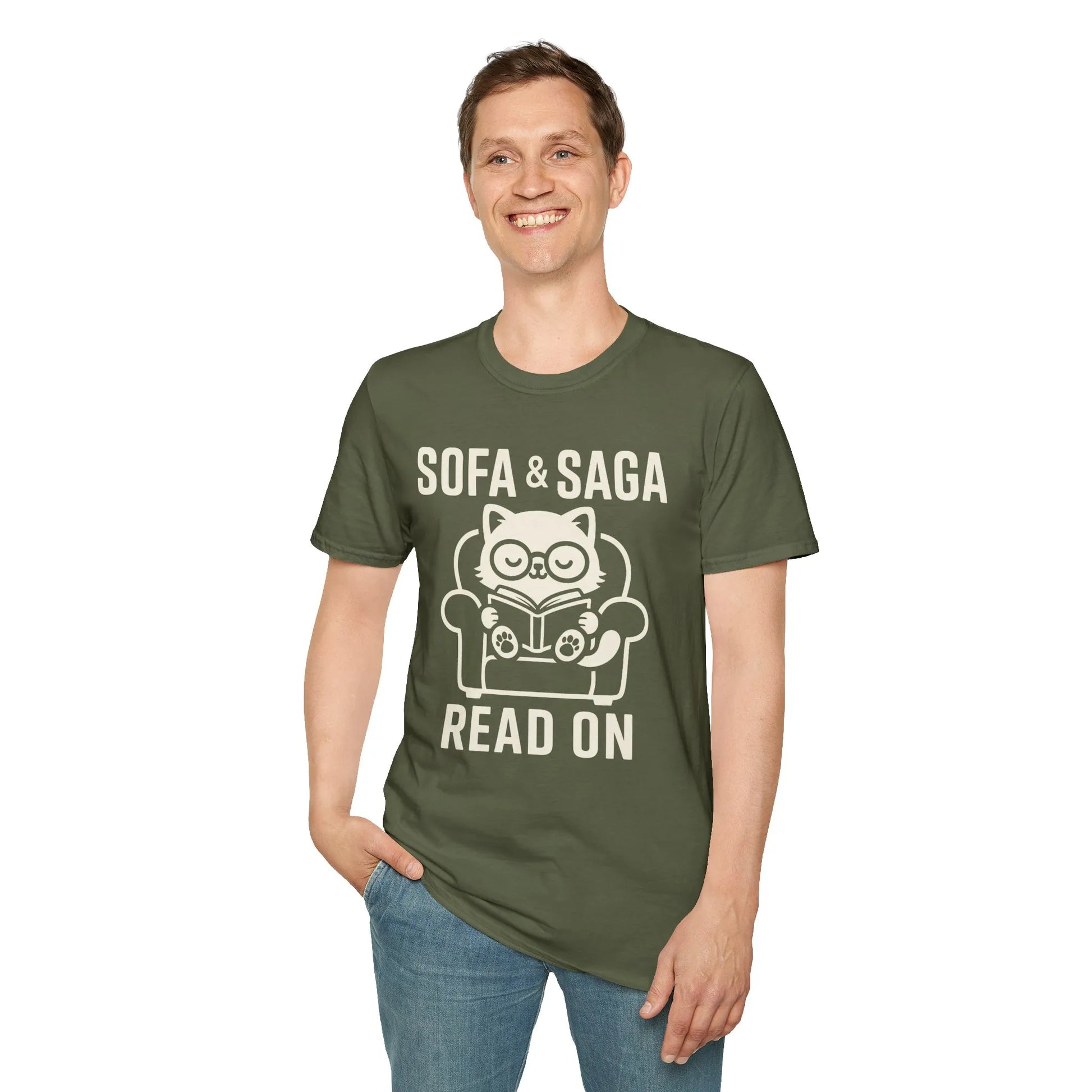Cozy cat reading on a chair with 'Sofa & Saga READ ON' text, perfect book lover shirt for cat & coffee fans.