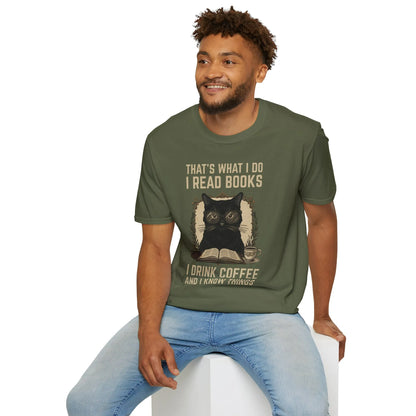Coffee Cat Reader T-Shirt: Relaxed fit unisex shirt for book lovers, featuring a black cat and cozy reading vibes. 📖☕️