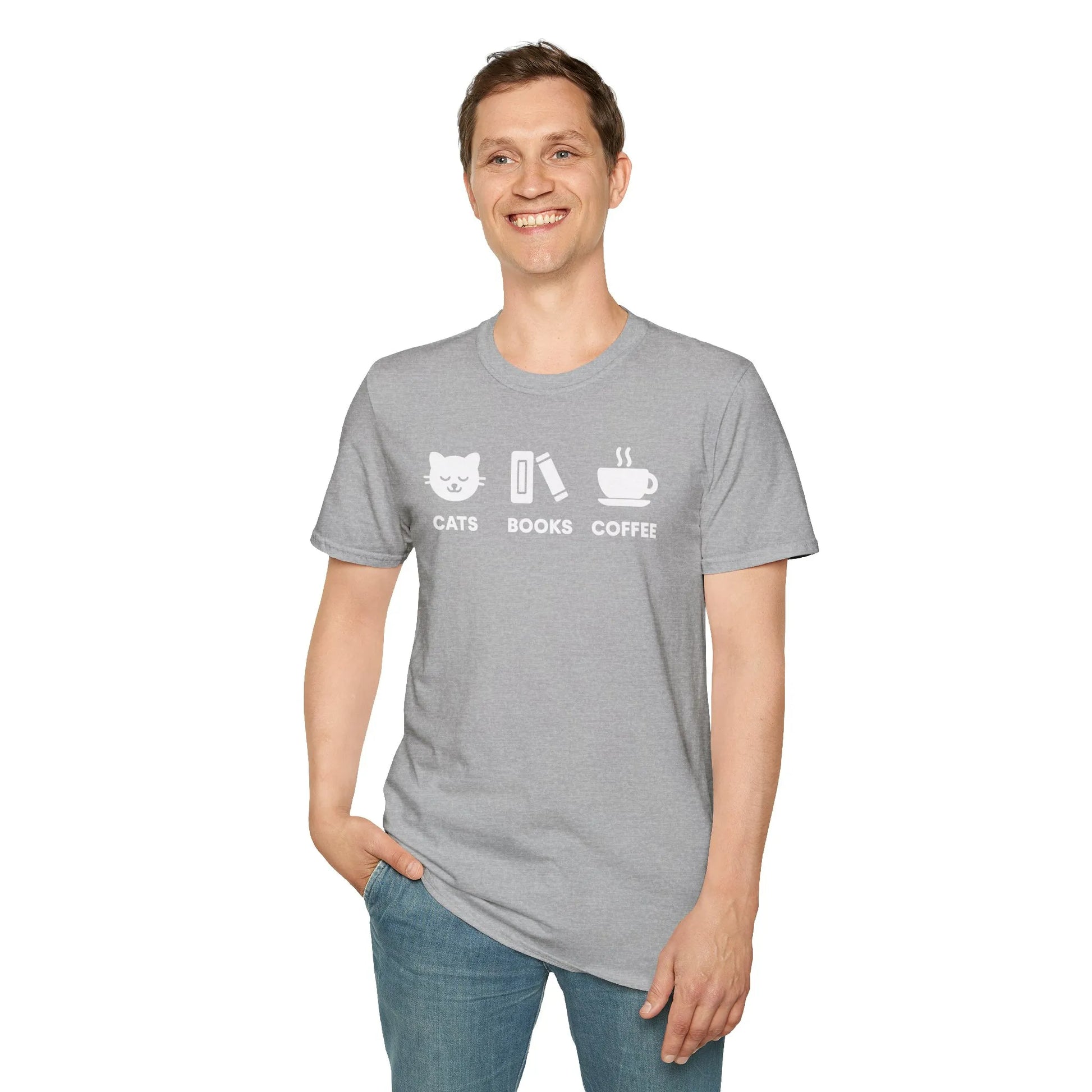 Funny reading tee featuring a cat, a book, and a coffee cup—perfect for cozy book lovers!