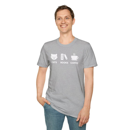 Funny reading tee featuring a cat, a book, and a coffee cup—perfect for cozy book lovers!