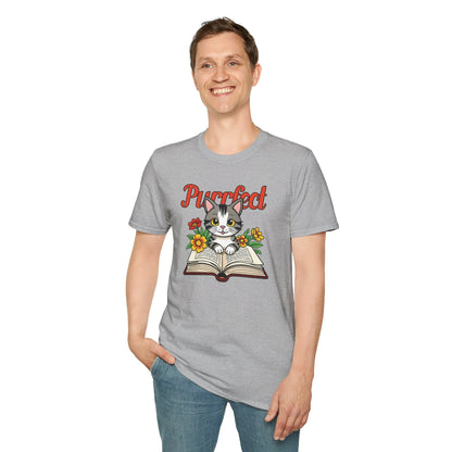 Purrfect Page T-Shirt with a cute kitten on an open book surrounded by flowers, ideal for cozy book lovers and cat aficionados.