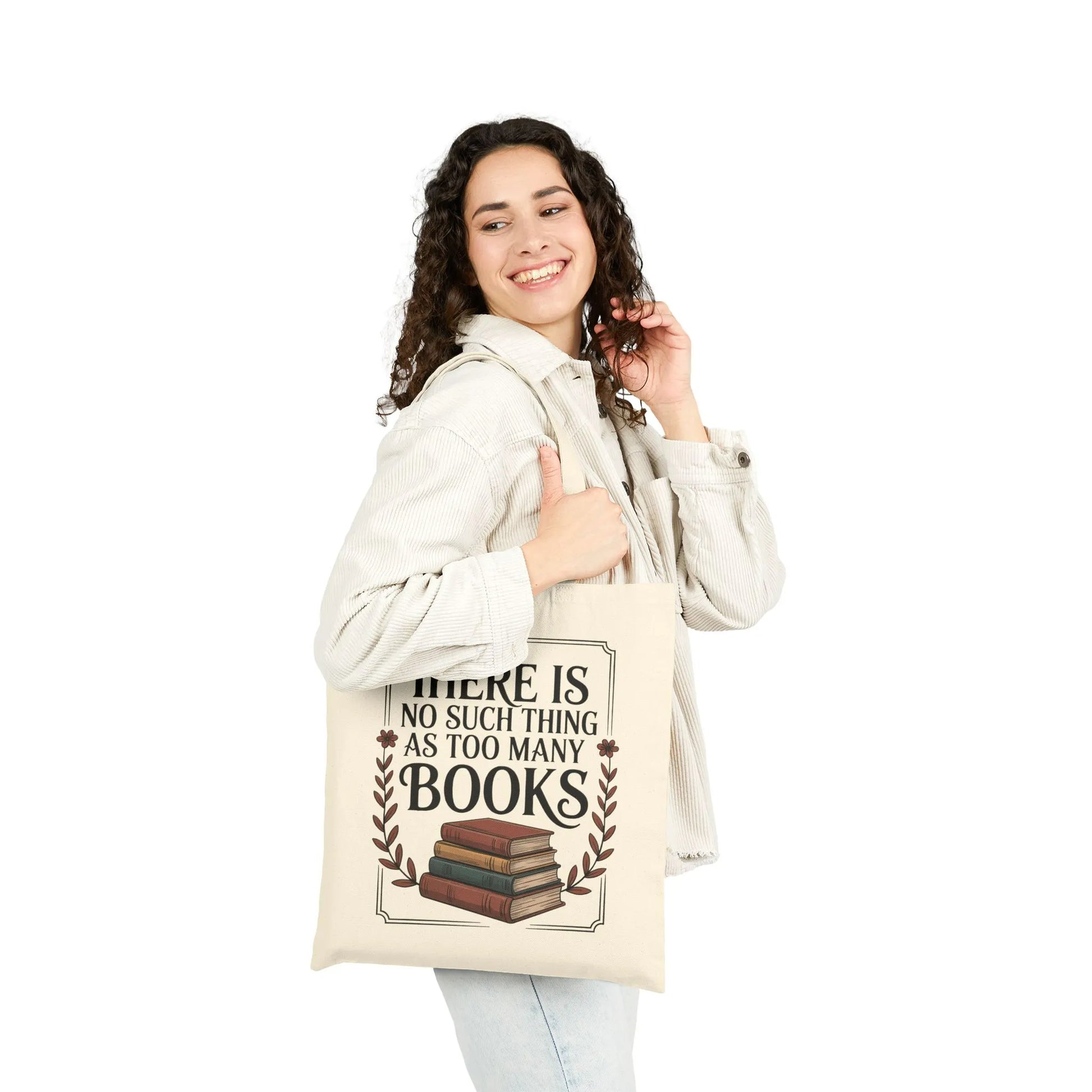 Too Many? Never. Tote Bag featuring a book design on durable cotton canvas, perfect for book lovers and readers.