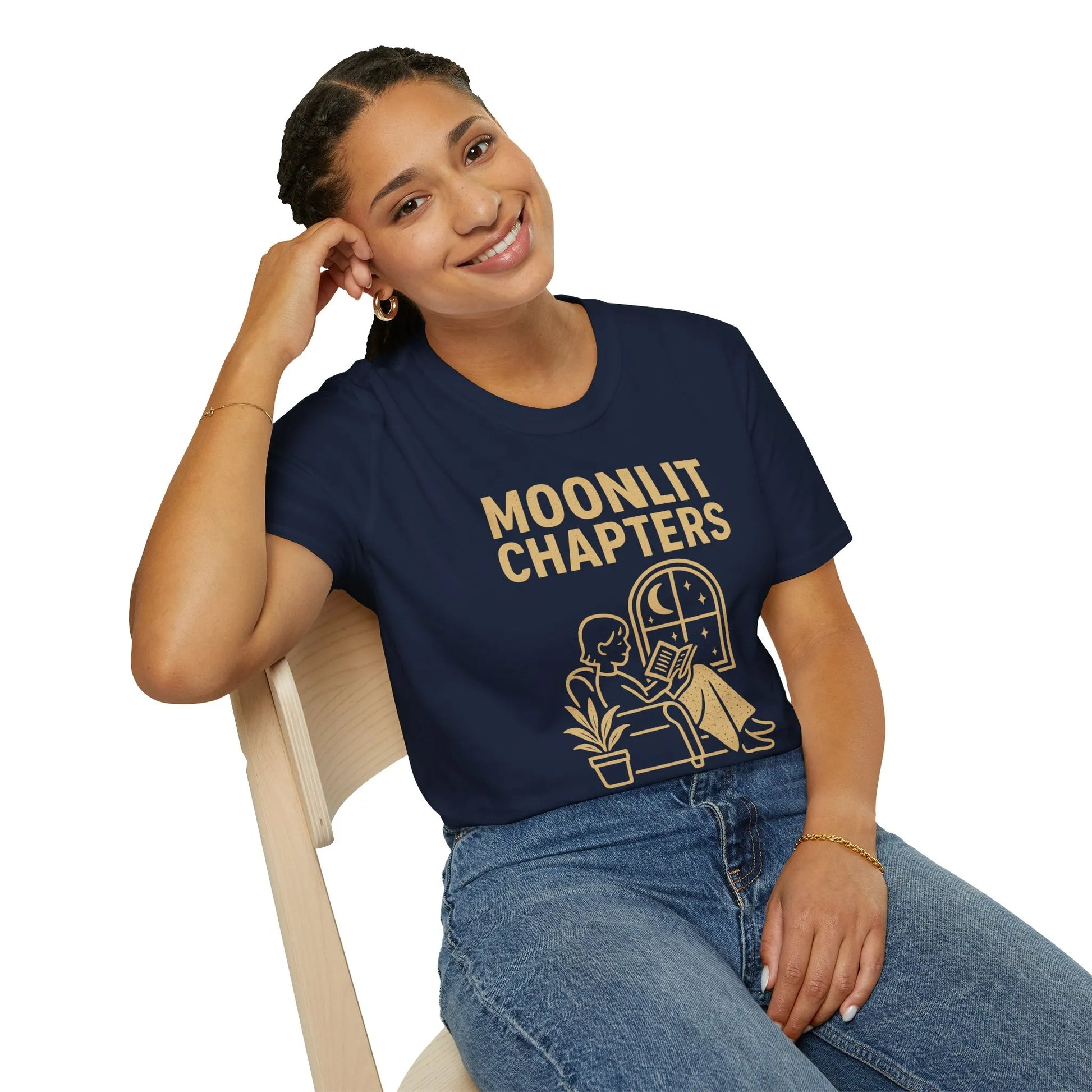 Cozy Moonlit Chapters tee featuring a reader under stars, perfect for book lovers and gifts for tea or cat fans.