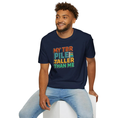 TBR Pile T-Shirt in navy, relaxed fit unisex tee for book lovers, perfect cozy reading outfit or gift for readers 📖