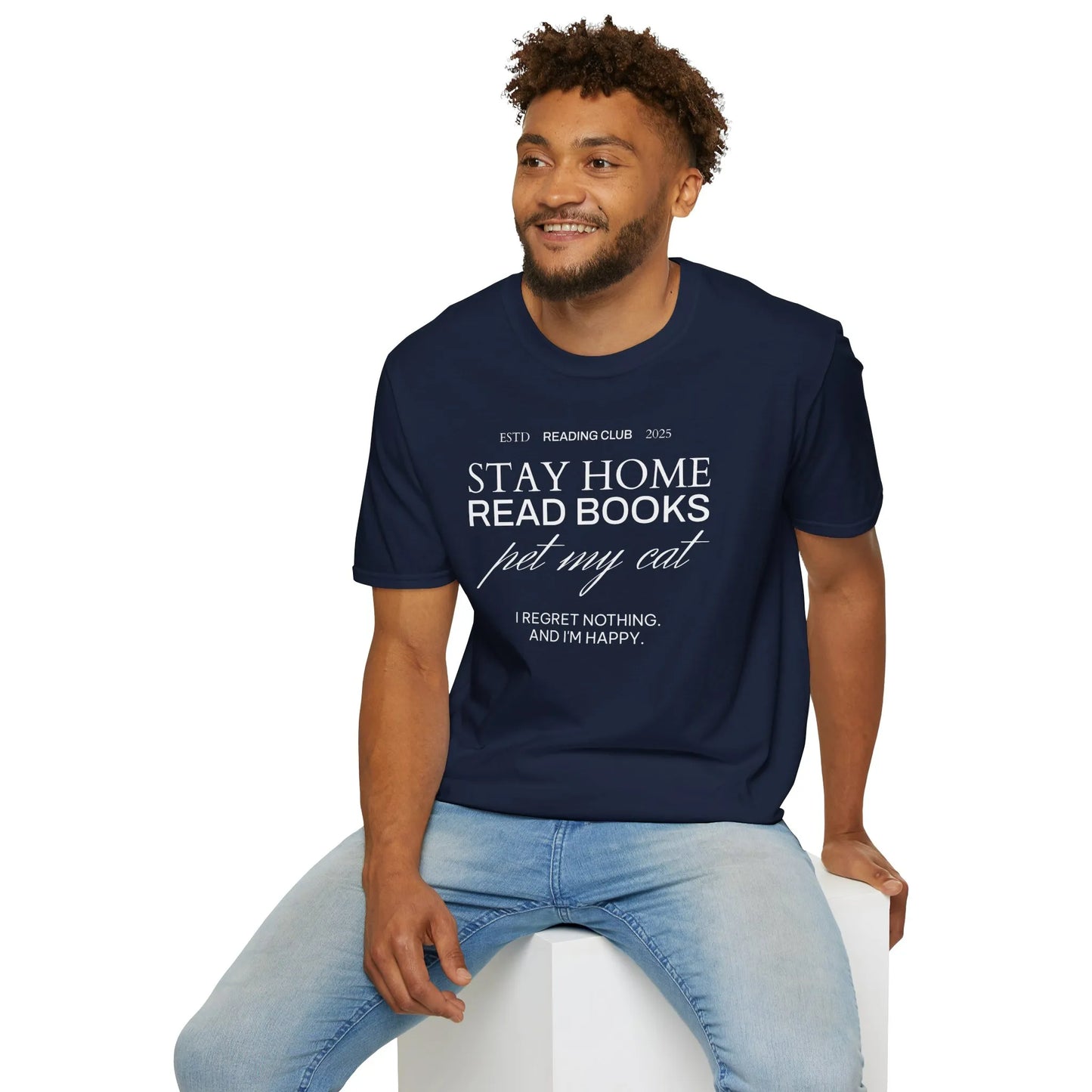 Reading Club Motto T-Shirt featuring 'Stay Home Read Books Pet My Cat' text, perfect for cozy book lovers and cat owners.