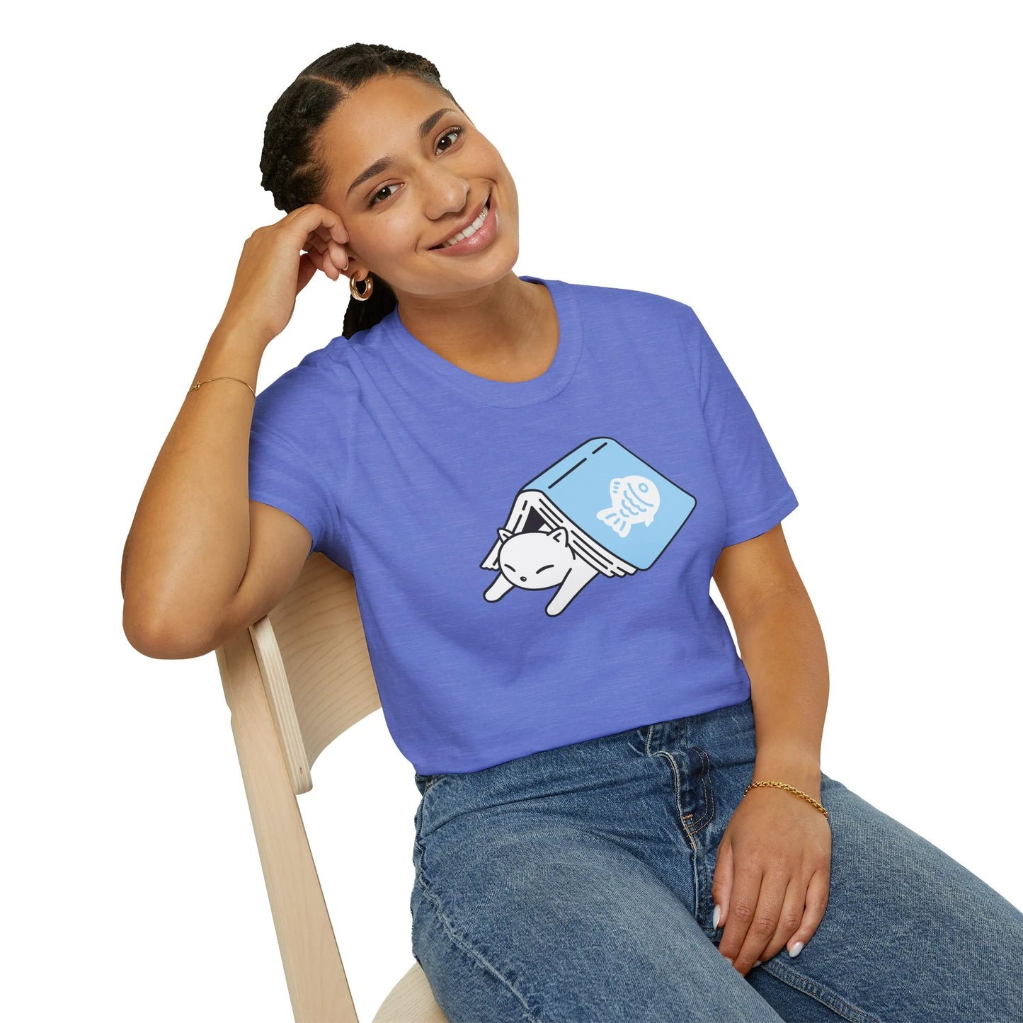 Cozy blue t-shirt featuring a sleepy cat peeking from a book. Perfect gift for book lovers and cat enthusiasts.